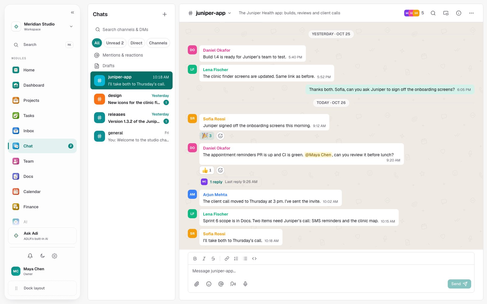 ADLR Chat in a demo workspace: a client's channel with the team's messages, emoji reactions, a thread reply and an @mention.